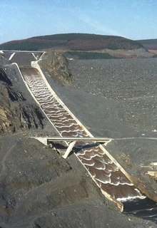 Spillway on Llyn Brianne dam, Wales soon after first fill