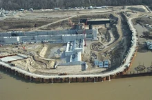 A Coffer dam during the construction of locks at the Montgomery Point Lock and Dam.