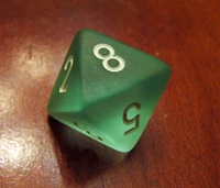A standard d8, displaying a result of 8