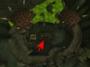 The Warden's Cage from above with a red arrow marking the stairwell to Sanoru.