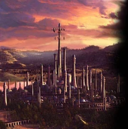 The city of Dalaran; the tall spire in the center (with the rotating crystals) is the Violet Citadel.