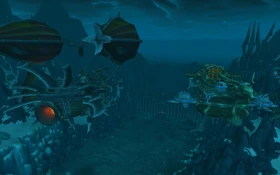 The Skybreaker and Orgrim's Hammer in a gunnery duel above Icecrown