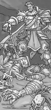 Tirion slays undead in the Plaguelands.