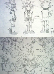 Yugi's design incorporates multiple layers of clothing and a wide range of expressions. Depicted here is the character in the full Domino School boy's regalia from front, side, and rear views and alongside views of his head from different angles.